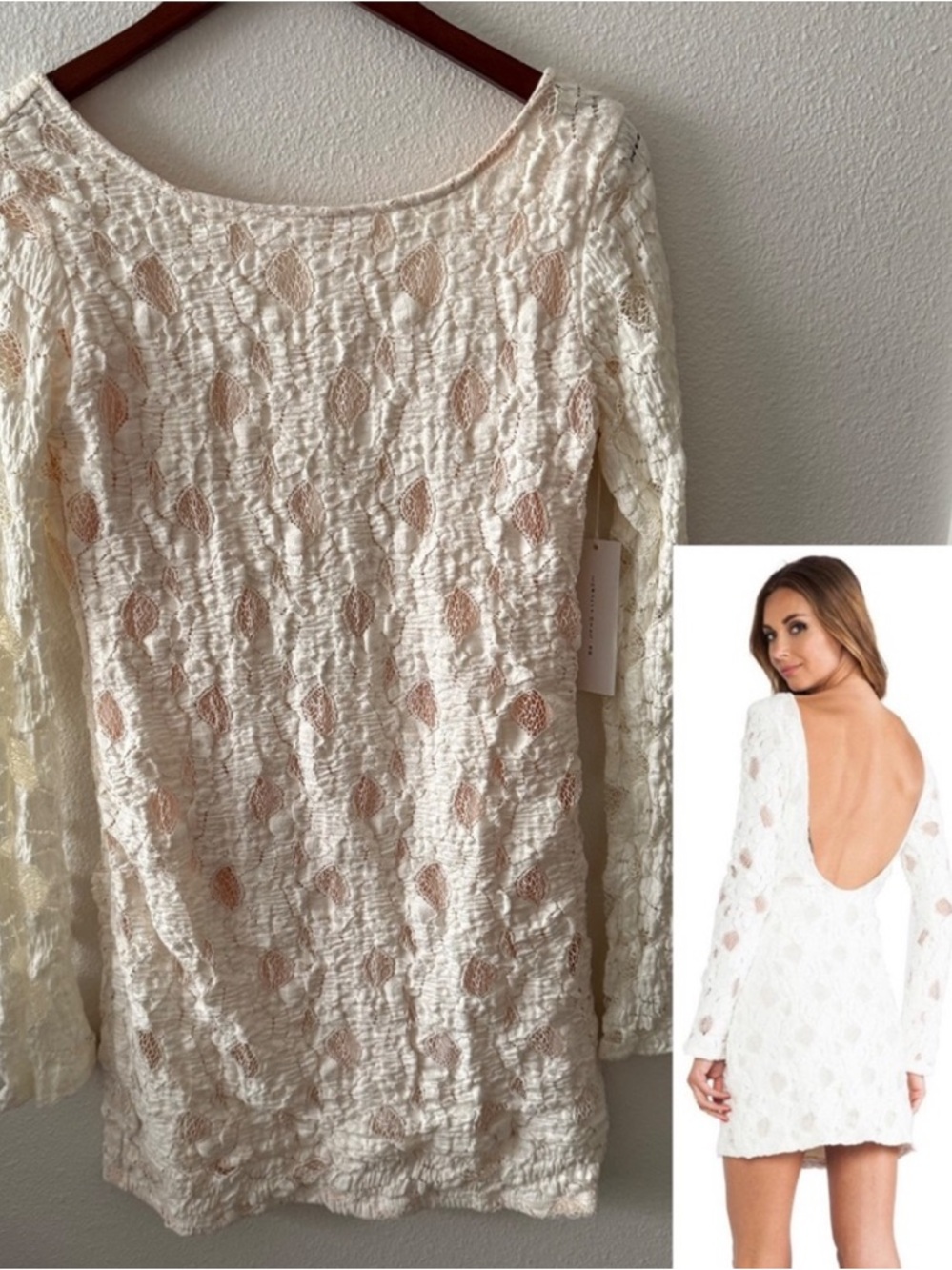 Merritt Charles Lace Off-White and Peach Bodycon Dress with Scoop Back